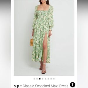 O.P.T. Classic Smocked Maxi Midi Dress Sage Floral Yellow Green SMALL - NEW